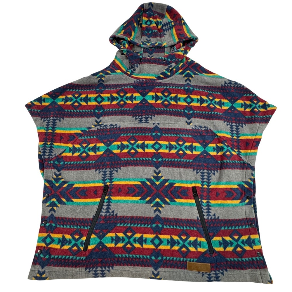 Kavu Southwestern Aztec Geometric Fleece Hooded Poncho Grey Red L Boho Whimsical